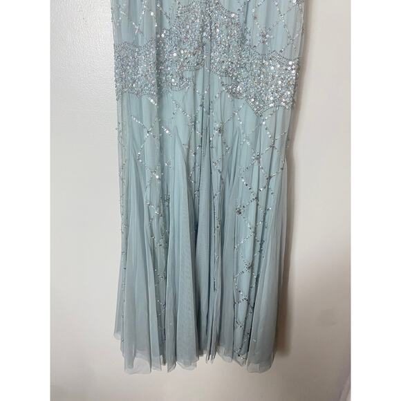 ADRIANNA PAPELL DRESS 10 GOWN SEQUIN BEADED LATTICE BLUE GRAY SLEEVELESS GODETS - Picture 12 of 16